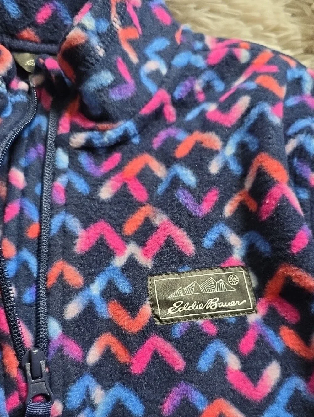 Eddie Bauer Navy Fleece Jacket with Pink, Orange, Blue and Purple Chevron Print